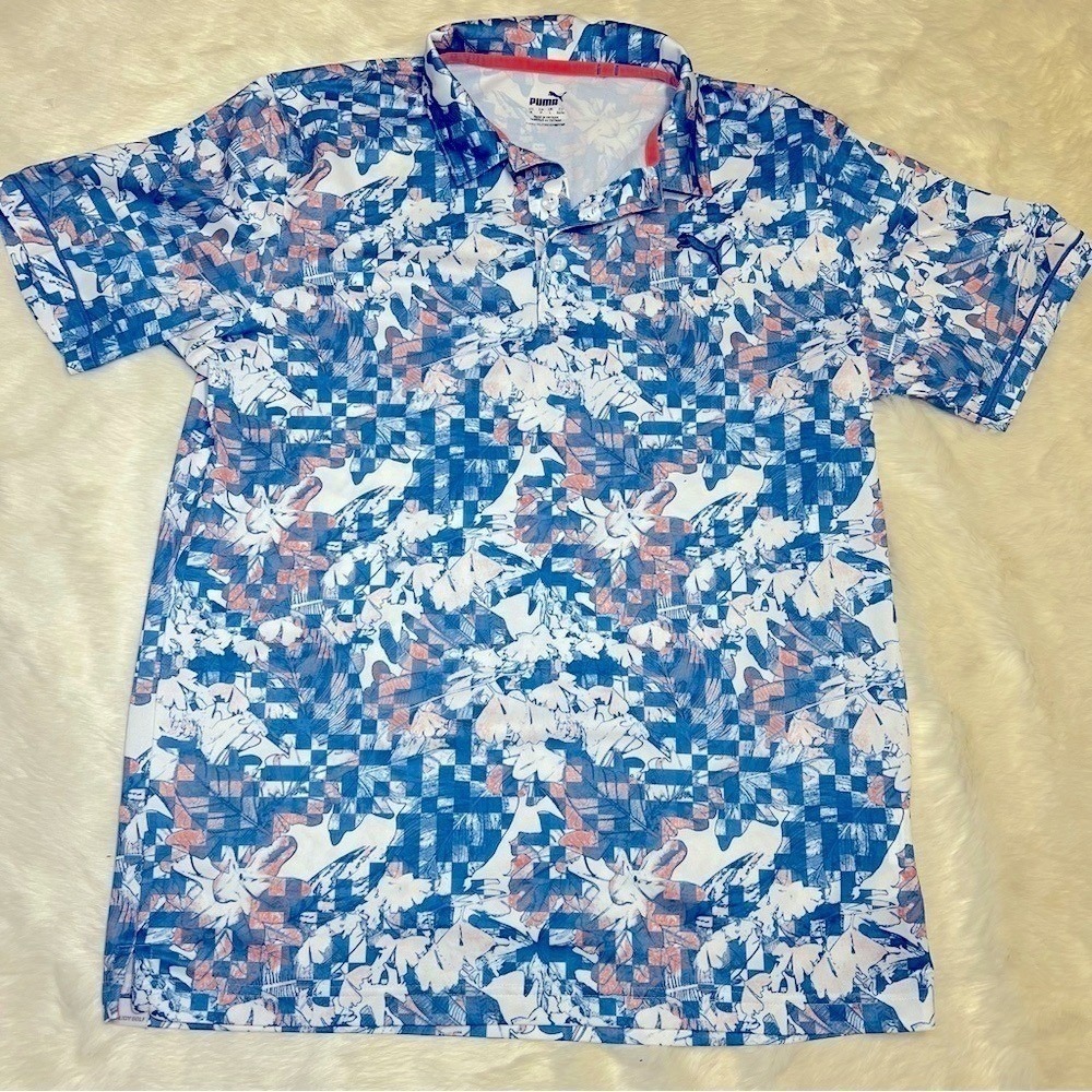 Puma Golf Polo Shirt Mens Medium Blue Floral Checkered Golfcore Tropical Club